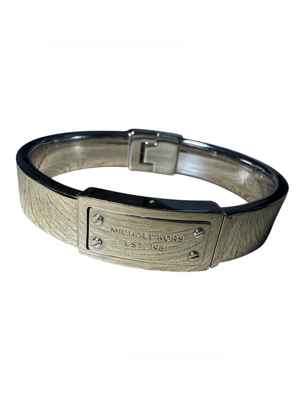 Michael Kors Silver-Tone Logo Plaque Hinge Bangle Bracelet Est. 1981 Rivet